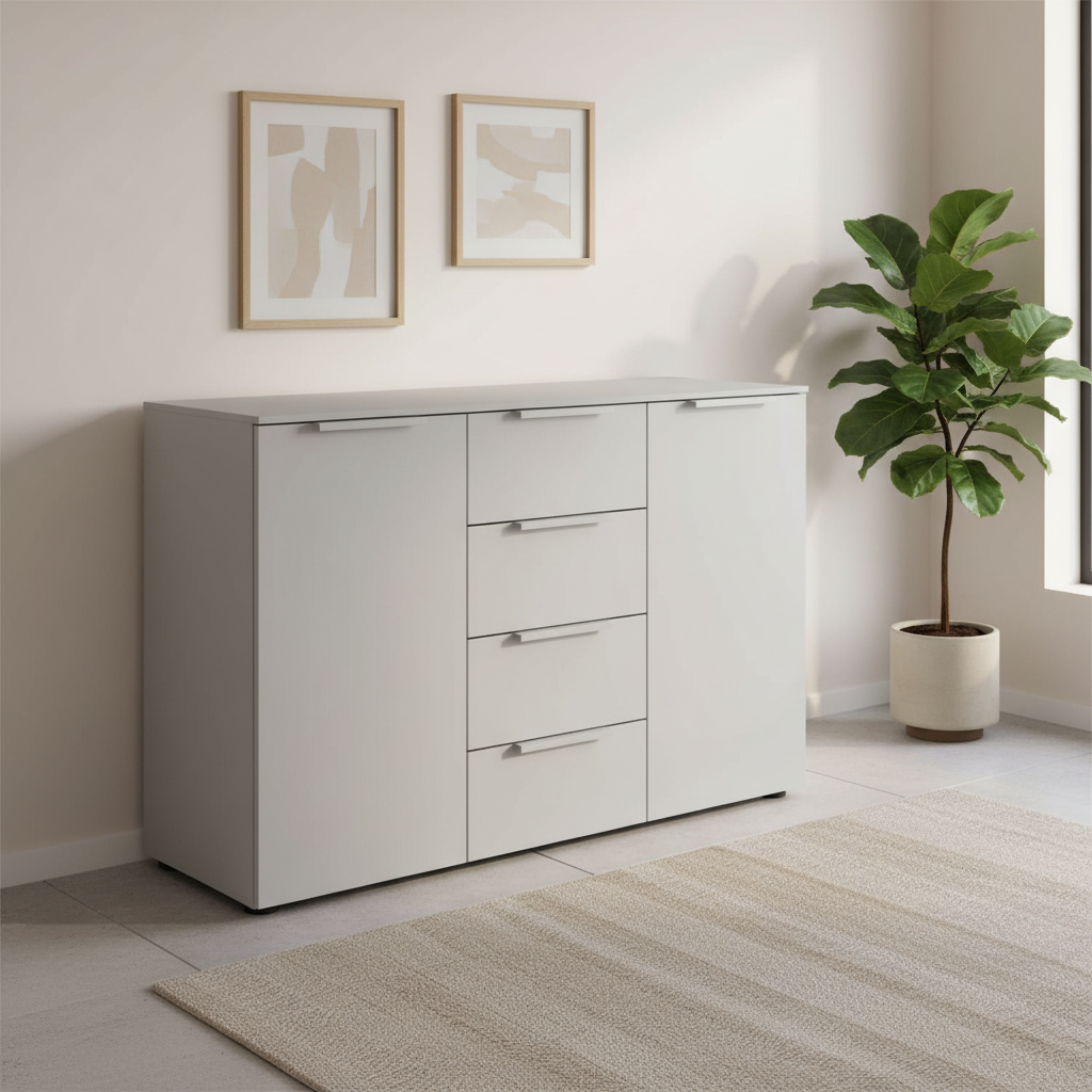 Rauch Heaven 4 Drawer 2 Door Décor Chest in Silk Grey styled in a modern room