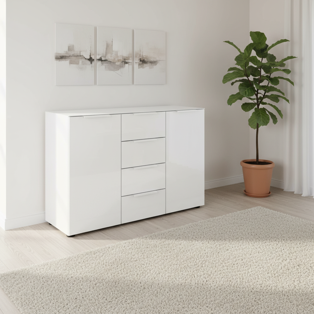 Rauch Heaven 4 Drawer 2 Door Glass Chest with Glass Top and Front in Alpine White styled in a modern room