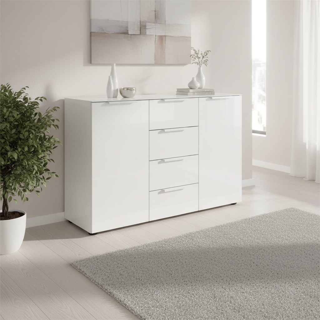 Rauch Heaven 4 Drawer 2 Door Chest with Glass Front in Alpine White styled in a modern room