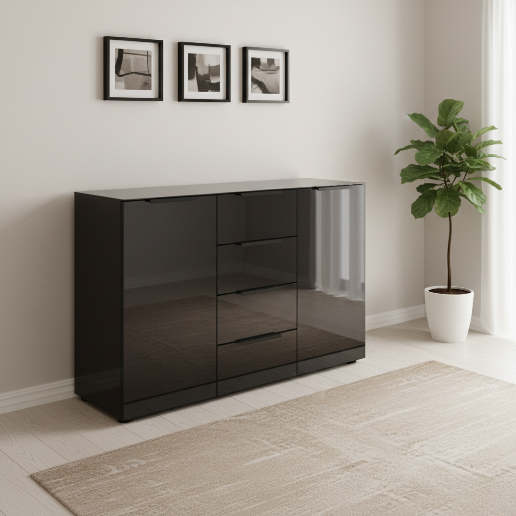 Rauch Heaven 4 Drawer 2 Door Glass Chest with Glass Top and Front in Black styled in a modern room