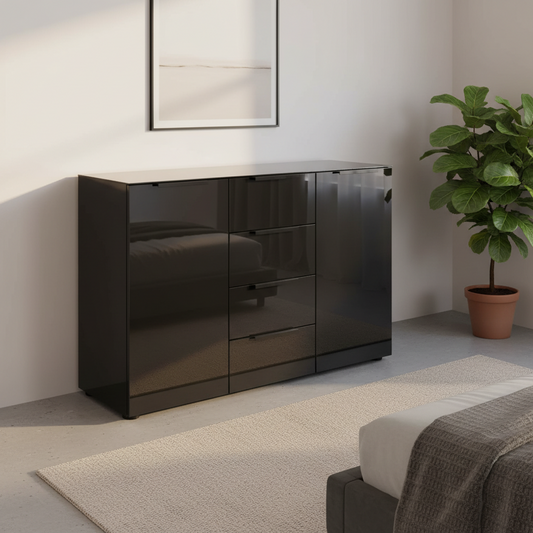 Rauch Heaven 4 Drawer 2 Door Chest with Glass Front in Black styled in a modern room
