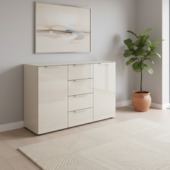 Rauch Heaven 4 Drawer 2 Door Glass Chest with Glass Top and Front in Champagne styled in a modern room