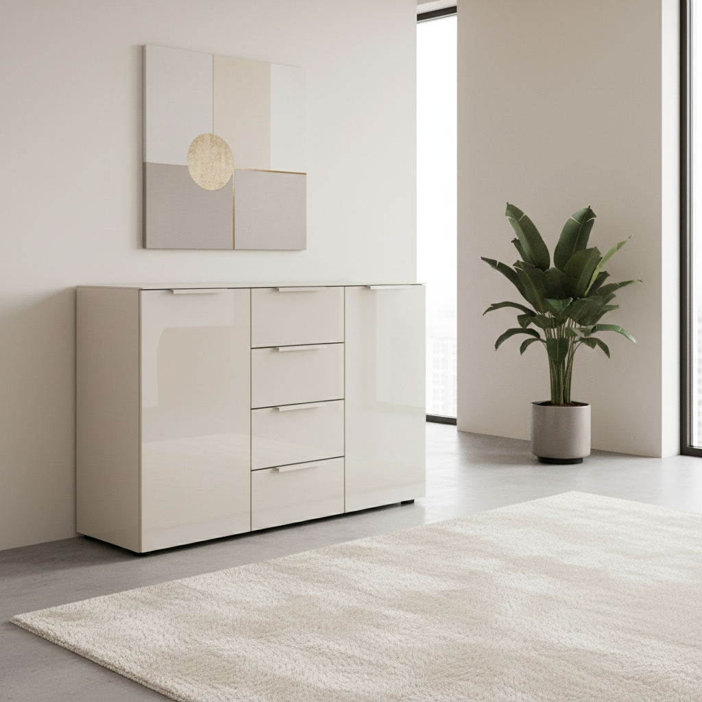Rauch Heaven 4 Drawer 2 Door Chest with Glass Front in Champagne styled in a modern room