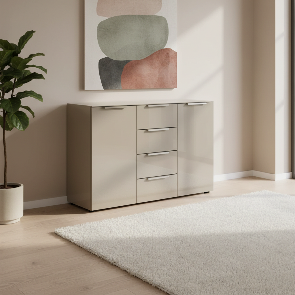 Rauch Heaven 4 Drawer 2 Door Glass Chest with Glass Top and Front in Fango styled in a modern room