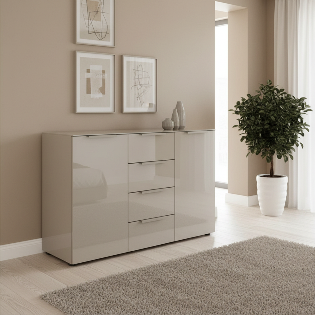 Rauch Heaven 4 Drawer 2 Door Chest with Glass Front in Fango styled in a modern room