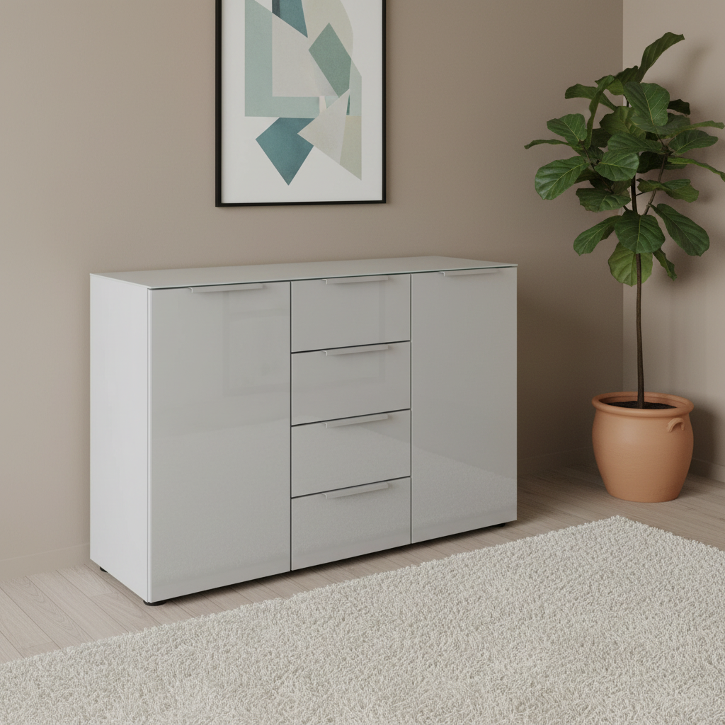 Rauch Heaven 4 Drawer 2 Door Glass Chest with Glass Top and Front in Silk Grey styled in a modern room