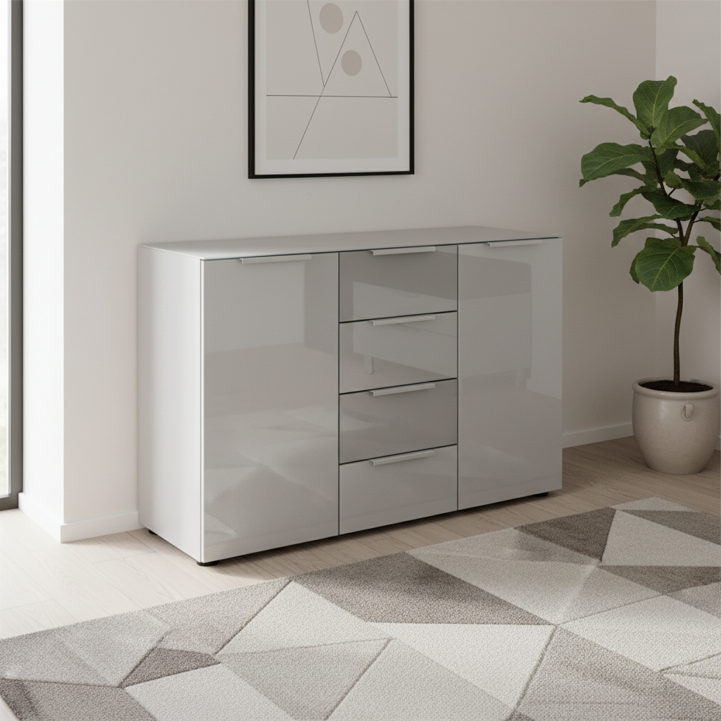 Rauch Heaven 4 Drawer 2 Door Chest with Glass Front in Silk Grey styled in a modern room