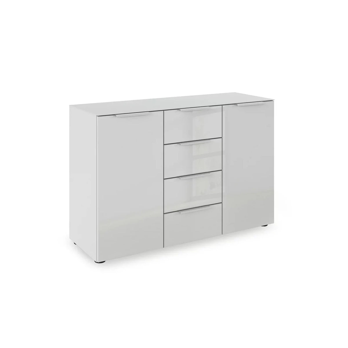 Rauch Haven 4 Drawer 2 Door Glass Chest with Glass Top and Front in Silk Grey