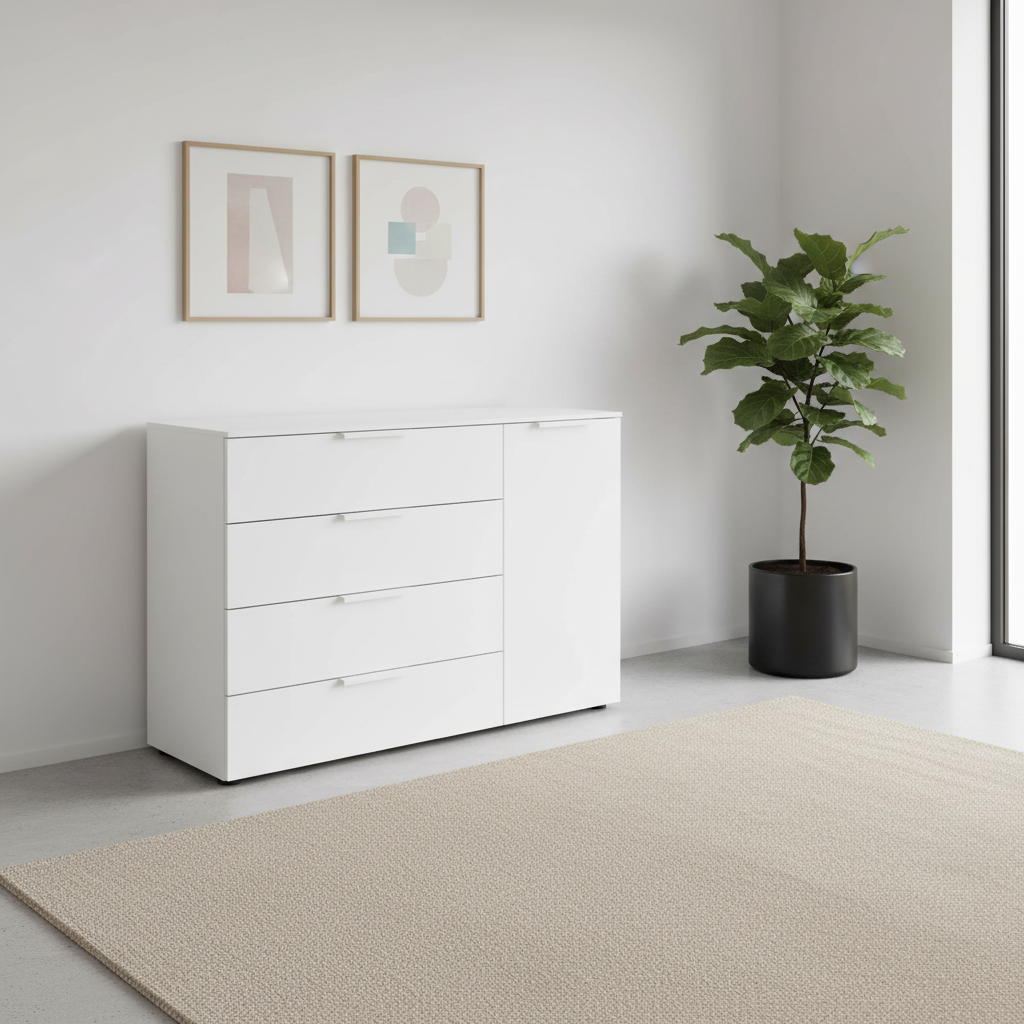 Rauch Heaven 4 Drawer 1 Door Décor Chest in Alpine White styled in a modern room