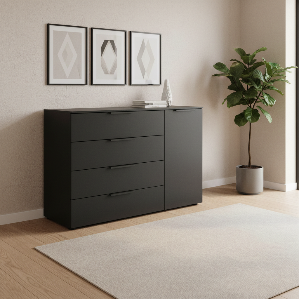 Rauch Heaven 4 Drawer 1 Door Décor Chest in Black styled in a modern room