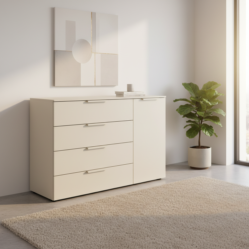 Rauch Heaven 4 Drawer 1 Door Décor Chest in Champagne styled in a modern room
