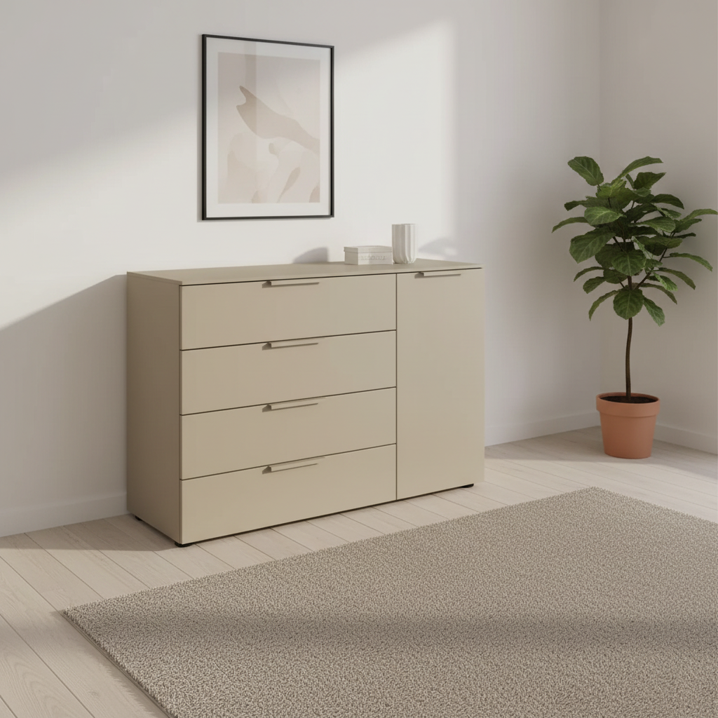 Rauch Heaven 4 Drawer 1 Door Décor Chest in Fango styled in a modern room