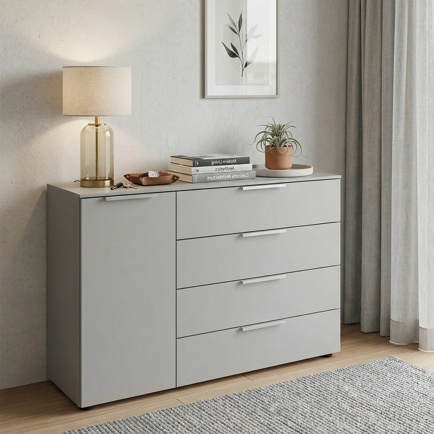 Rauch Heaven 4 Drawer 1 Door Décor Chest - Styled in a Bedroom