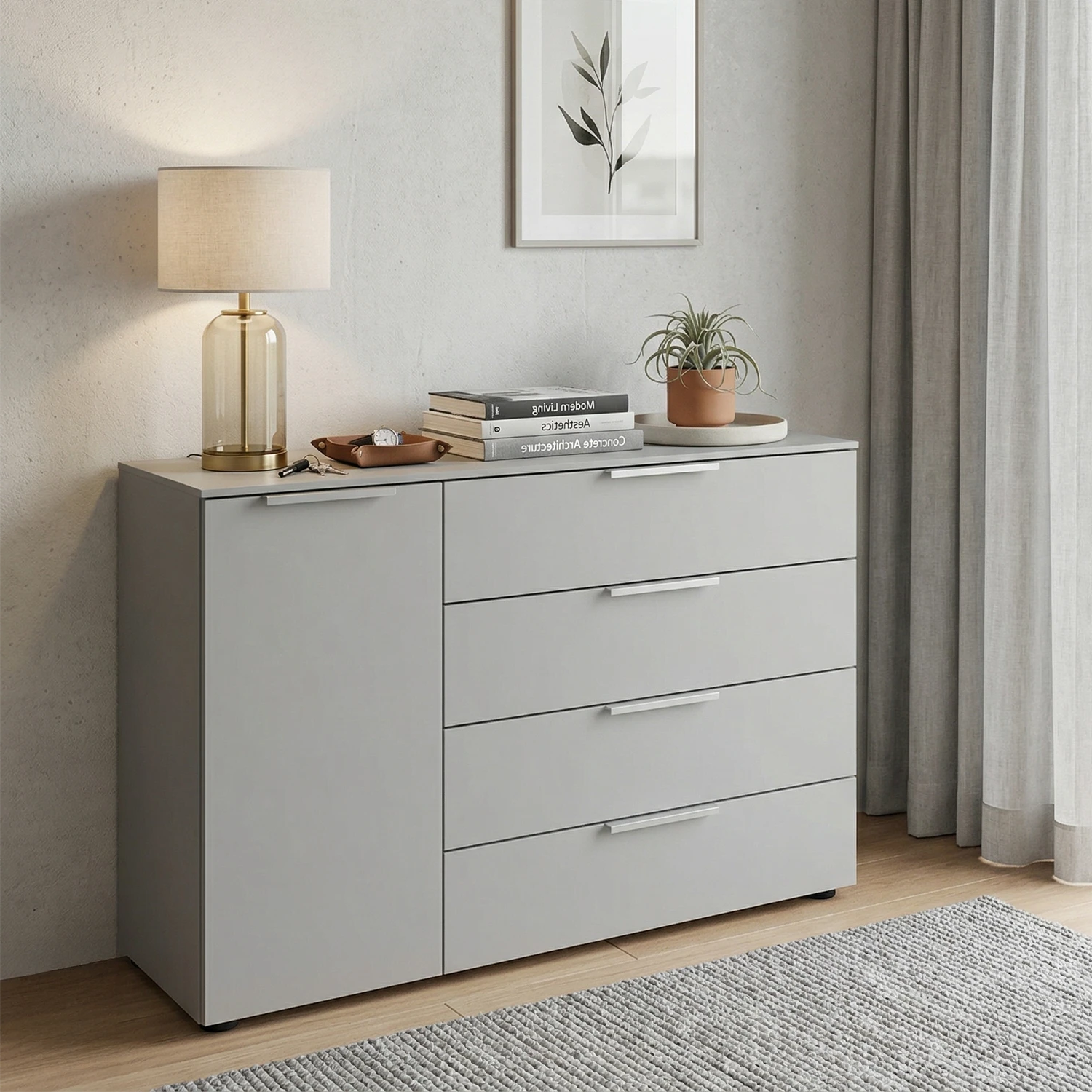 Rauch Heaven 4 Drawer 1 Door Décor Chest - Styled in a Bedroom