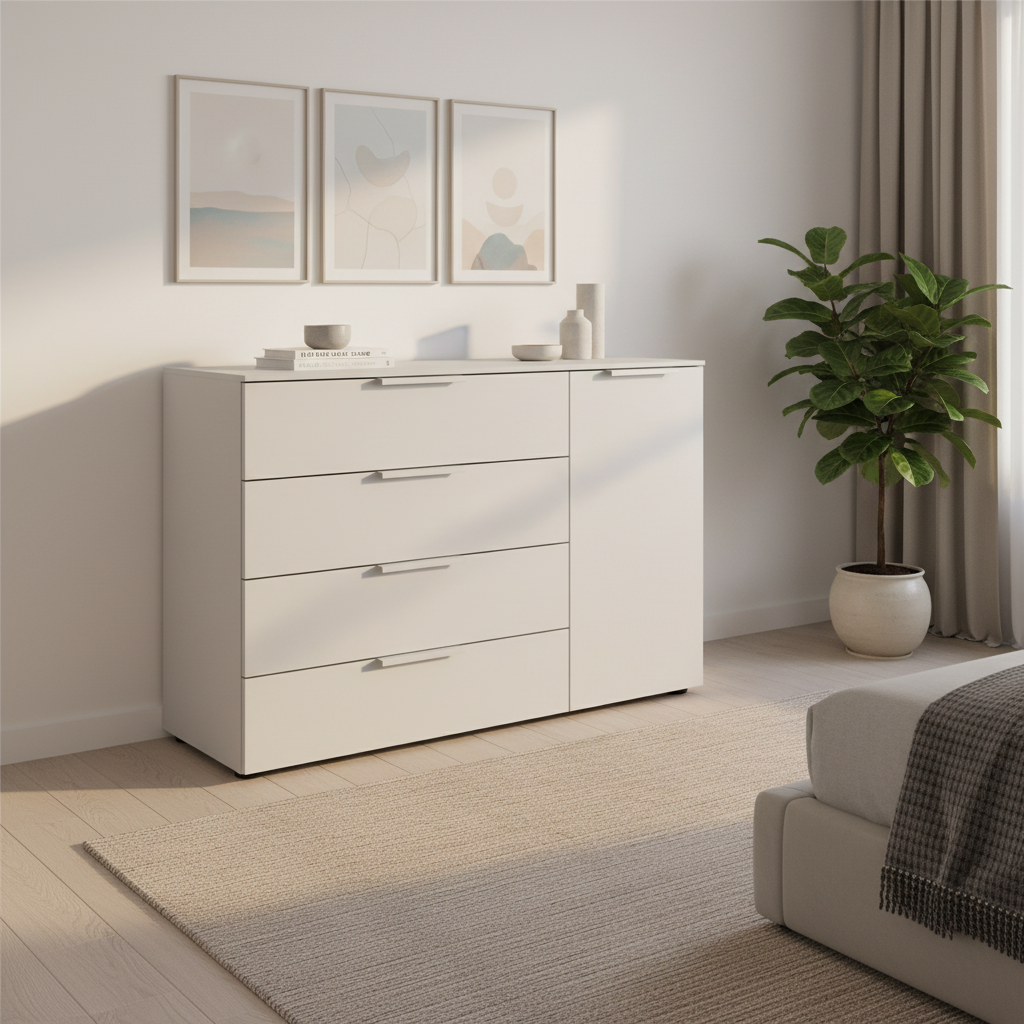 Rauch Heaven 4 Drawer 1 Door Décor Chest in Silk Grey styled in a modern room