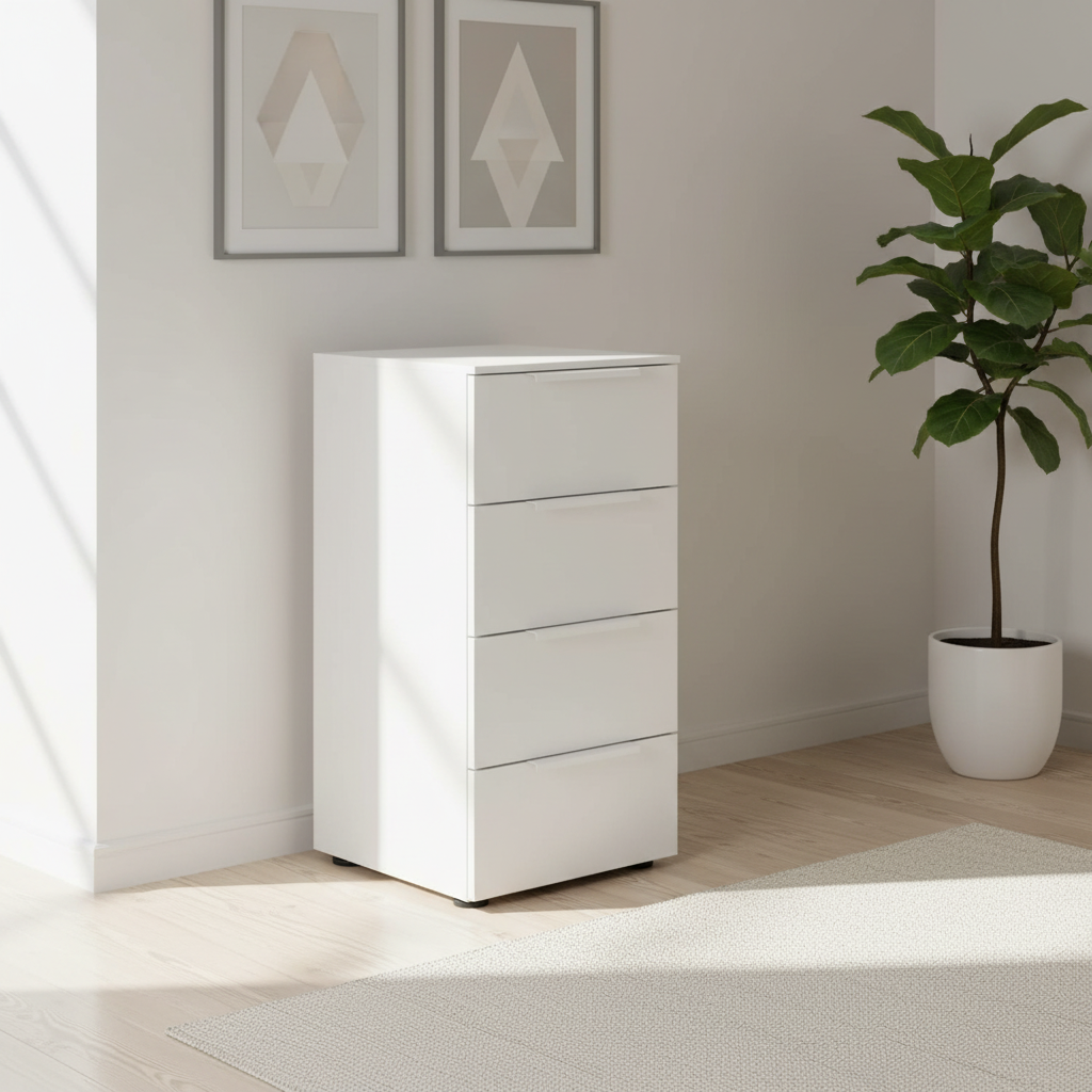 Rauch Heaven 40cm 4 Drawer Décor Chest in Alpine White styled in a modern room