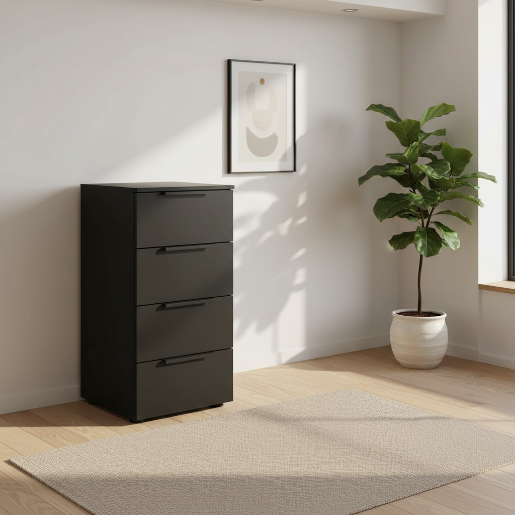 Rauch Heaven 40cm 4 Drawer Décor Chest in Black styled in a modern room