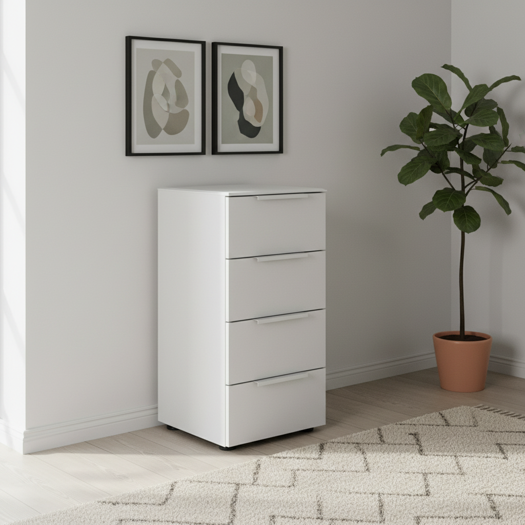 Rauch Heaven 40cm 4 Drawer Décor Chest in Silk Grey styled in a modern room