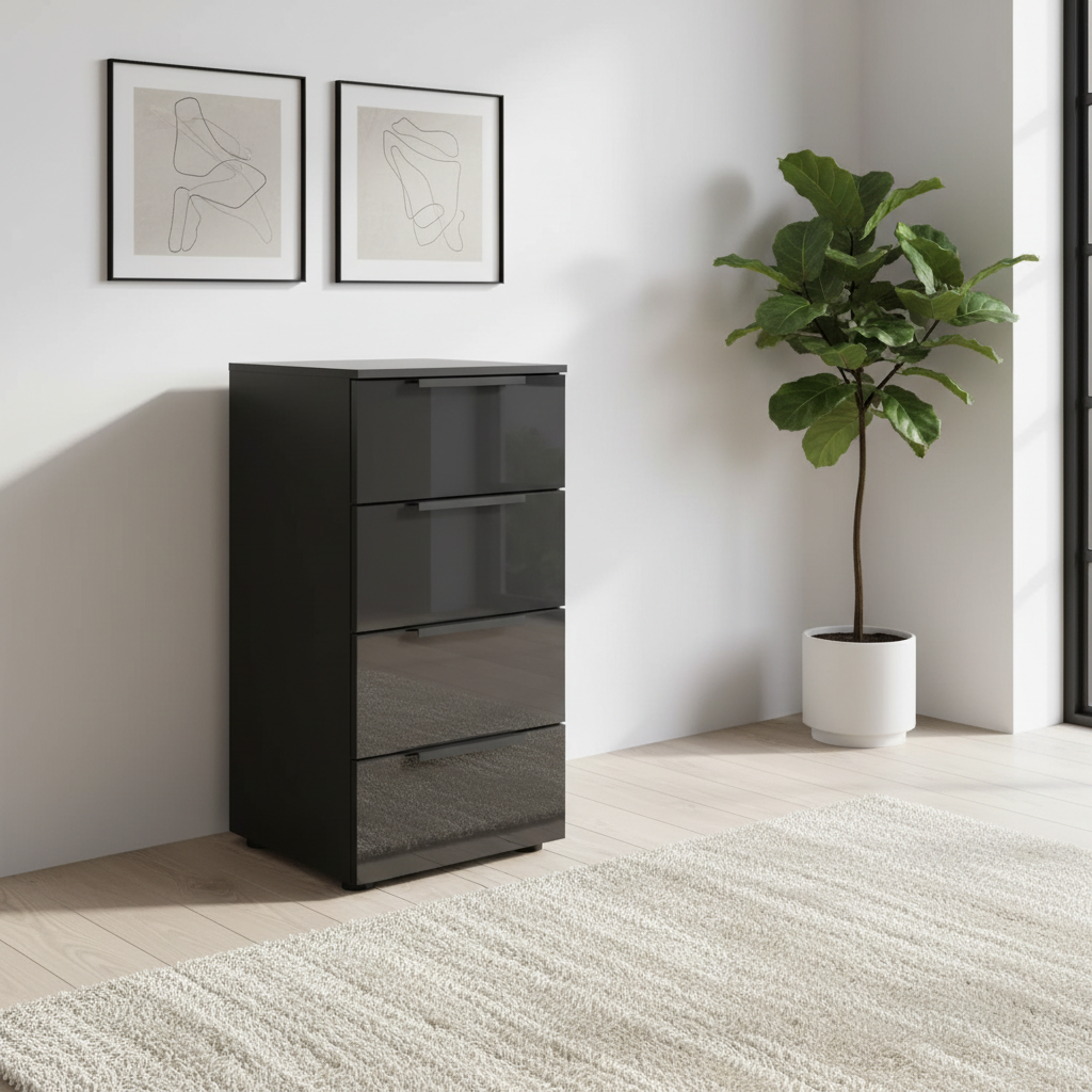 Rauch Heaven 40cm 4 Drawer Chest with Glass Front in Black styled in a modern room