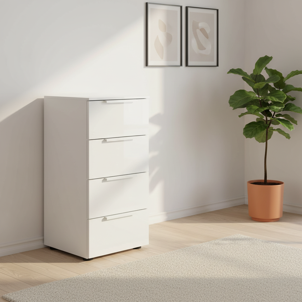 Rauch Heaven 40cm 4 Drawer Chest with Glass Top and Front in Alpine White styled in a modern room