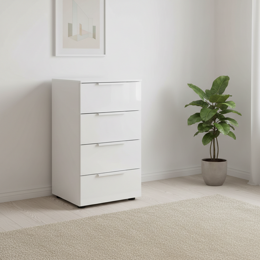 Rauch Heaven 40cm 4 Drawer Chest with Glass Front in Alpine White styled in a modern room