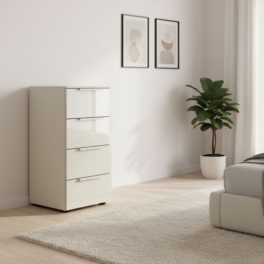 Rauch Heaven 40cm 4 Drawer Chest with Glass Top and Front in Champagne styled in a modern room