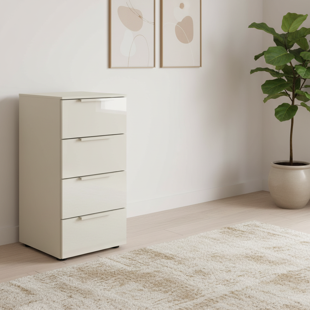 Rauch Heaven 40cm 4 Drawer Chest with Glass Front in Champagne styled in a modern room