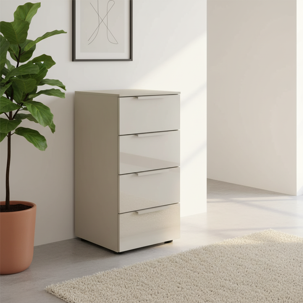 Rauch Heaven 40cm 4 Drawer Chest with Glass Front n Fango styled in a modern room