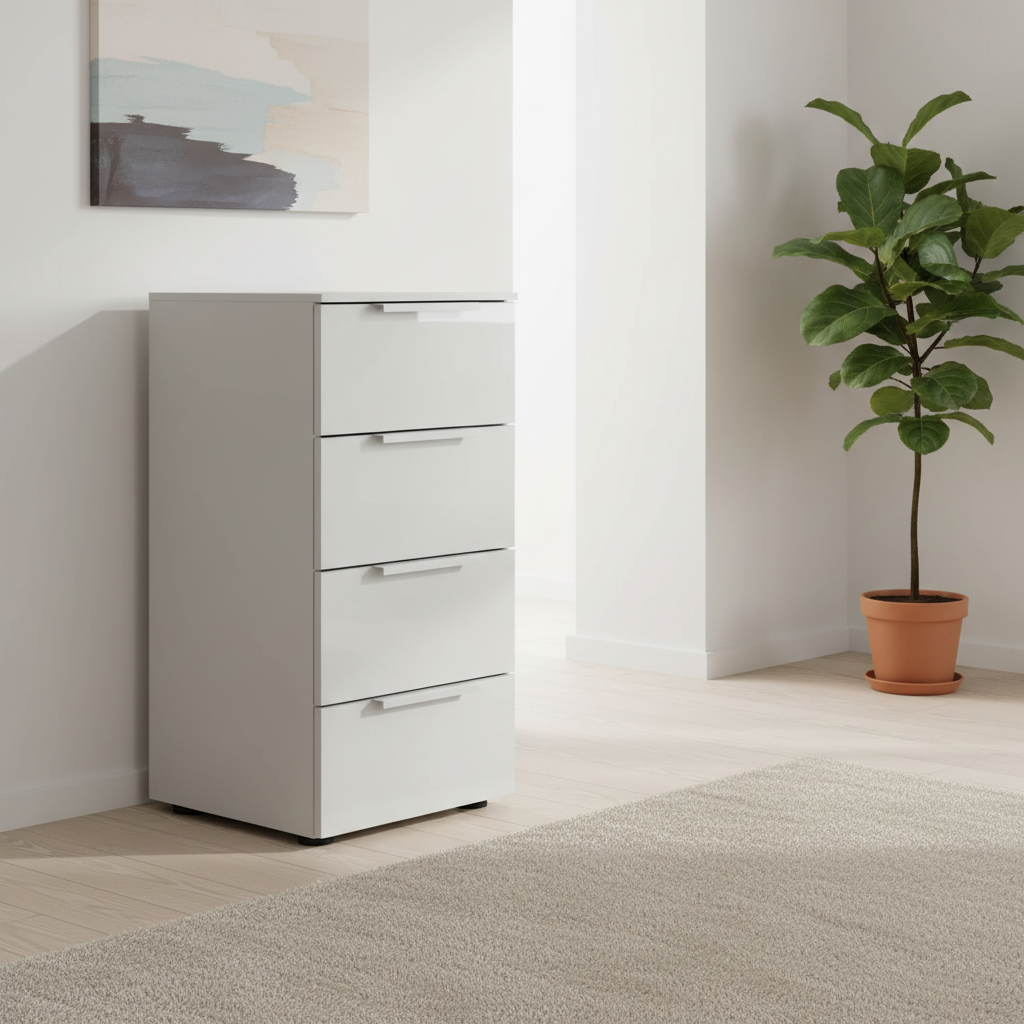 Rauch Heaven 40cm 4 Drawer Chest with Glass Top and Front in Silk Grey styled in a modern room