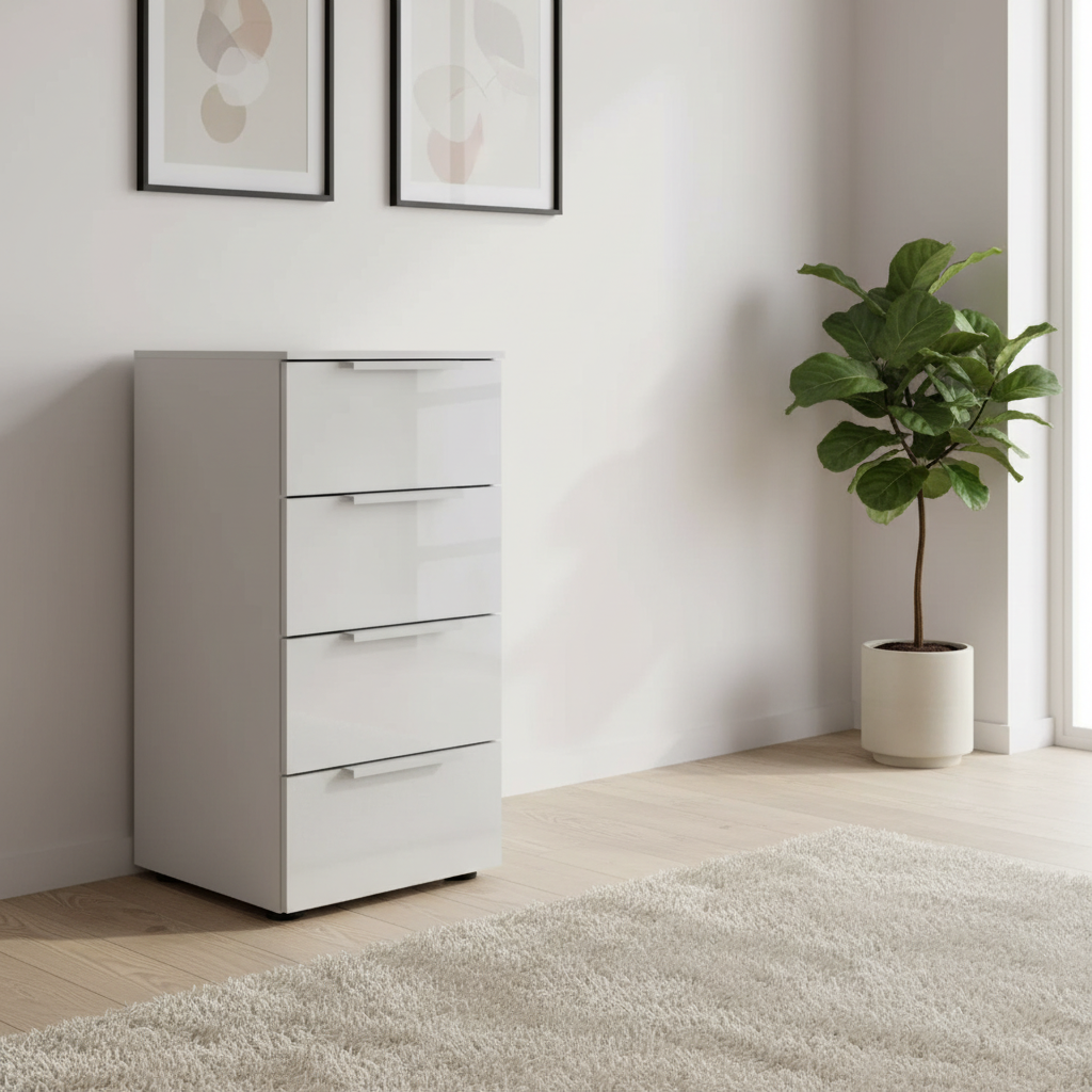 Rauch Heaven 40cm 4 Drawer Chest with Glass Front in Silk Grey styled in a modern room