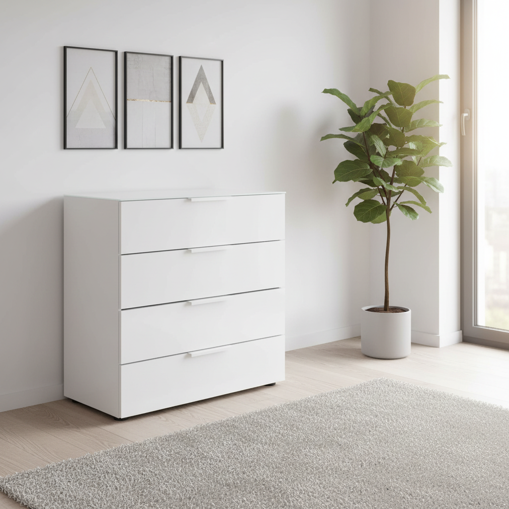 Rauch Heaven 80cm 4 Drawer Chest with Glass Top and Front in Alpine White styled in a modern room
