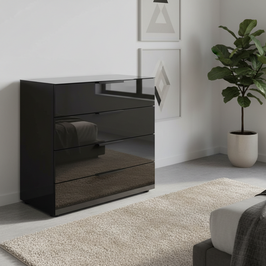 Rauch Heaven 80cm 4 Drawer Chest with Glass Top and Front in Black styled in a modern room