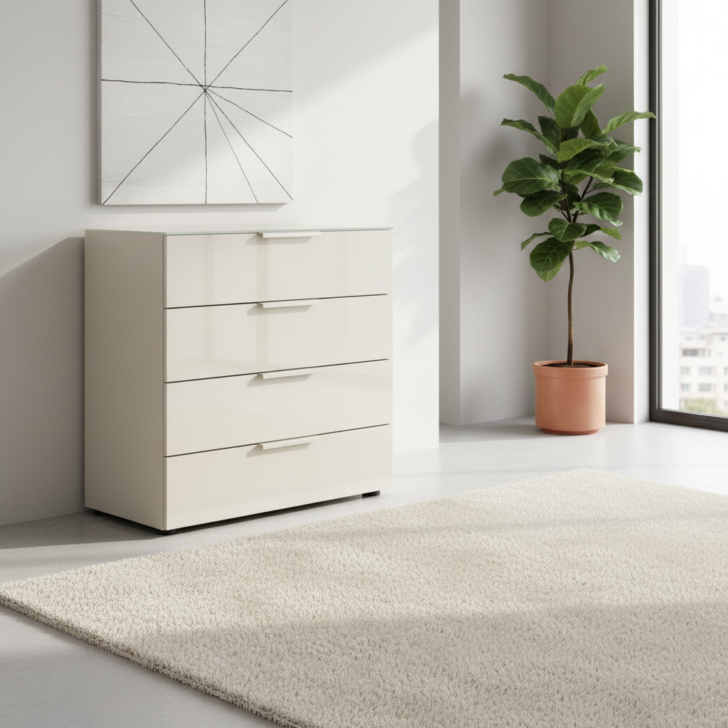 Rauch Heaven 80cm 4 Drawer Chest with Glass Top and Front in Champagne styled in a modern room