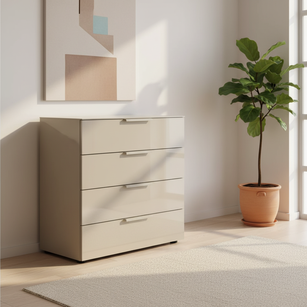 Rauch Heaven 80cm 4 Drawer Chest with Glass Top and Front in Fango styled in a modern room