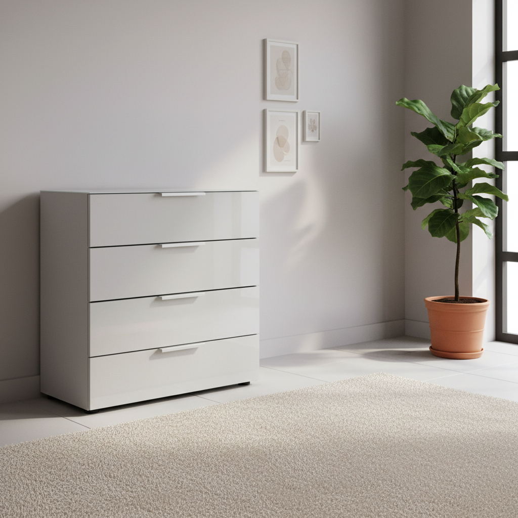 Rauch Heaven 80cm 4 Drawer Chest with Glass Top and Front in Silk Grey styled in a modern room