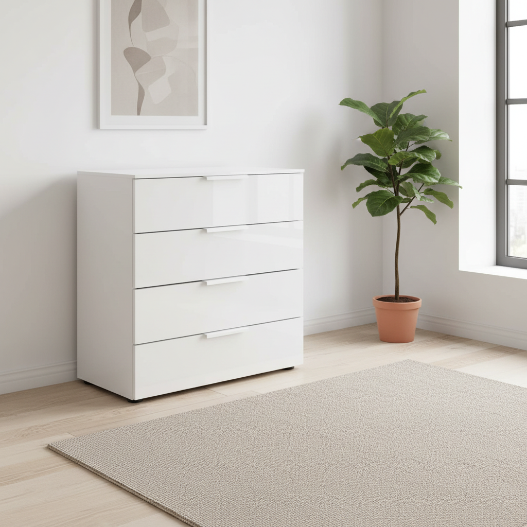 Rauch Heaven 80cm 4 Drawer Chest with Glass Front in Alpine White styled in a modern room