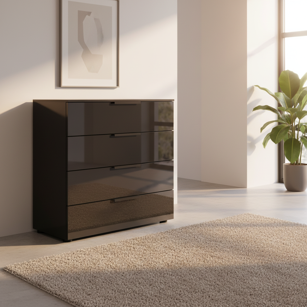 Rauch Heaven 80cm 4 Drawer Chest with Glass Front in Black styled in a modern room