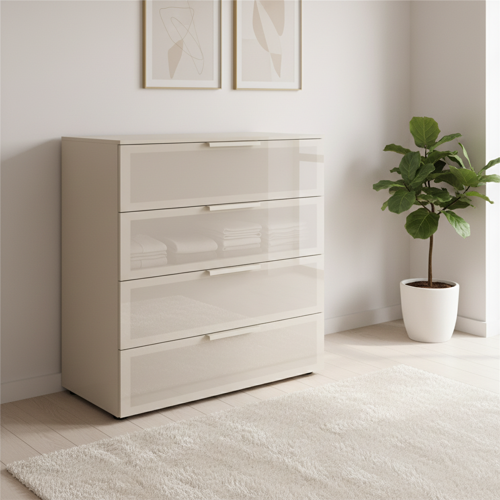 Rauch Heaven 80cm 4 Drawer Chest with Glass Front in Champagne styled in a modern room