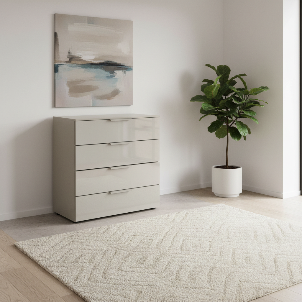 Rauch Heaven 80cm 4 Drawer Chest with Glass Front styled in a modern room