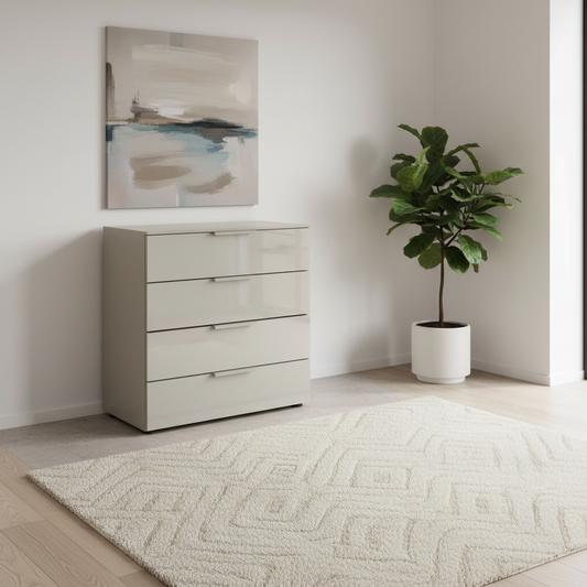 Rauch Heaven 80cm 4 Drawer Chest with Glass Front styled in a modern room