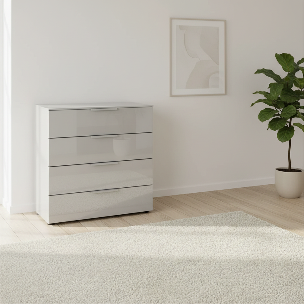 Rauch Heaven 80cm 4 Drawer Chest with Glass Front in Silk Grey styled in a modern room