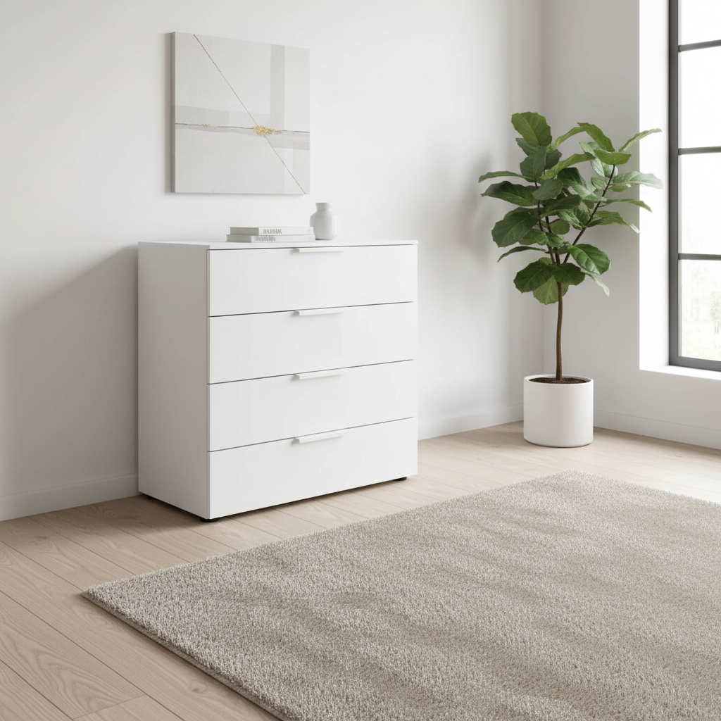 Rauch Heaven 80cm 4 Drawer Décor Chest in Alpine White styled in a modern bedroom