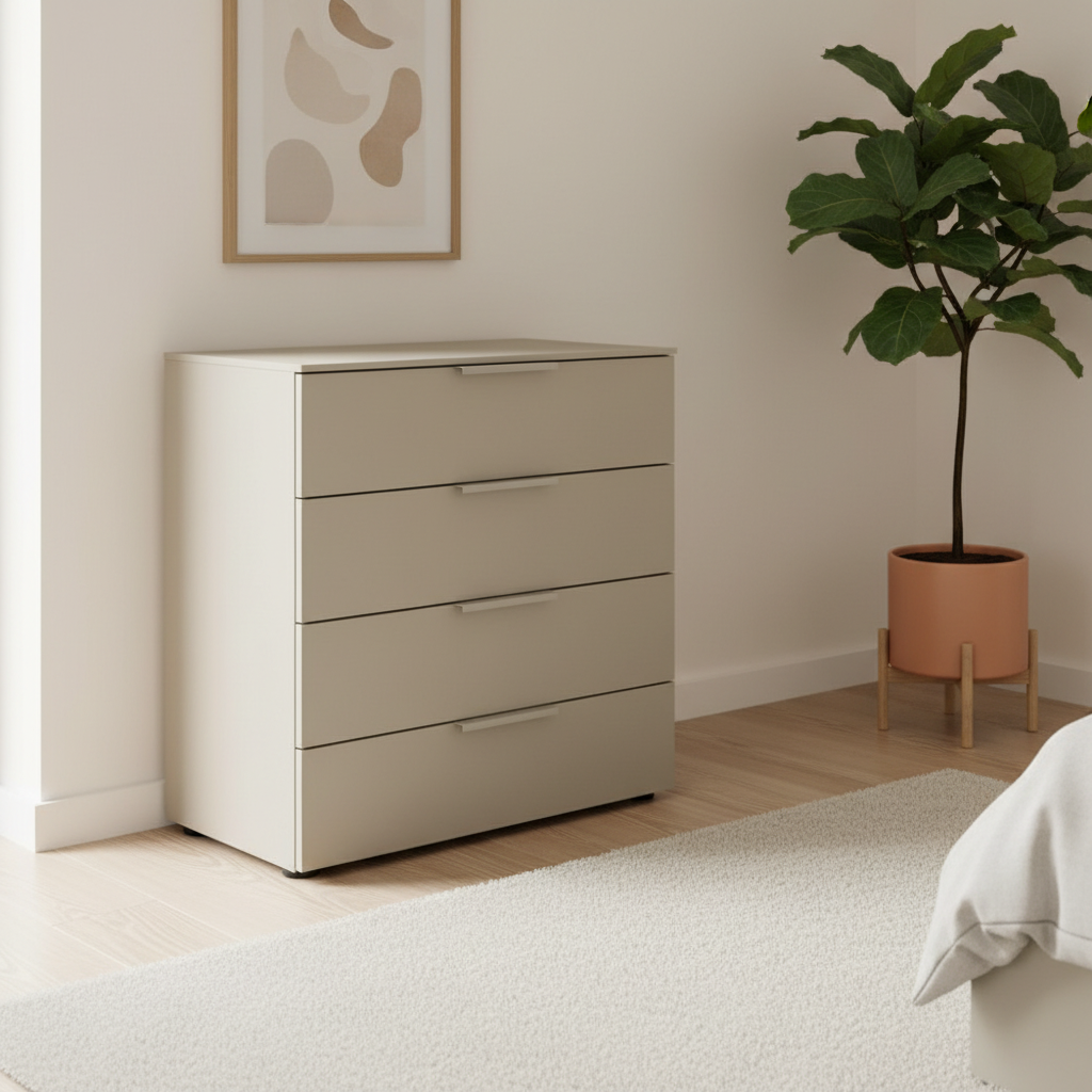 Rauch Heaven 80cm 4 Drawer Décor Chest in Fango styled in a modern room