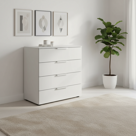 Rauch Heaven 80cm 4 Drawer Décor Chest in Silk Grey styled in a modern room