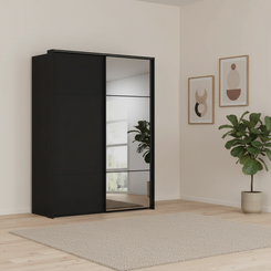 Rauch Heaven 160cm 2 Door Slider Wardrobe with 1 Décor Door, 1 Mirror Door and Lights in Black styled in a modern bedroom