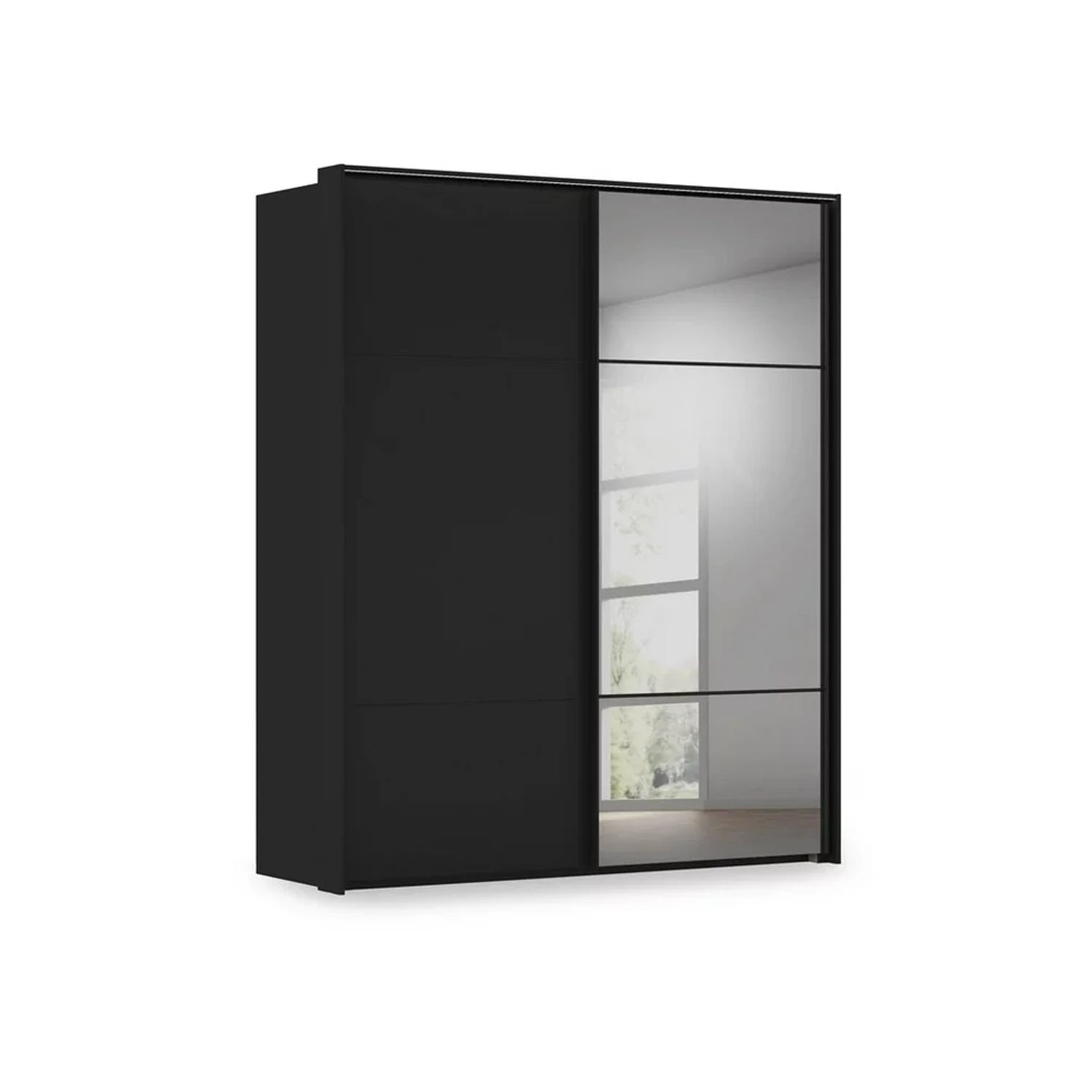 Rauch Haven 2 Door Slider Wardrobe with 1 Décor Door, 1 Mirror Door and Lights in Black