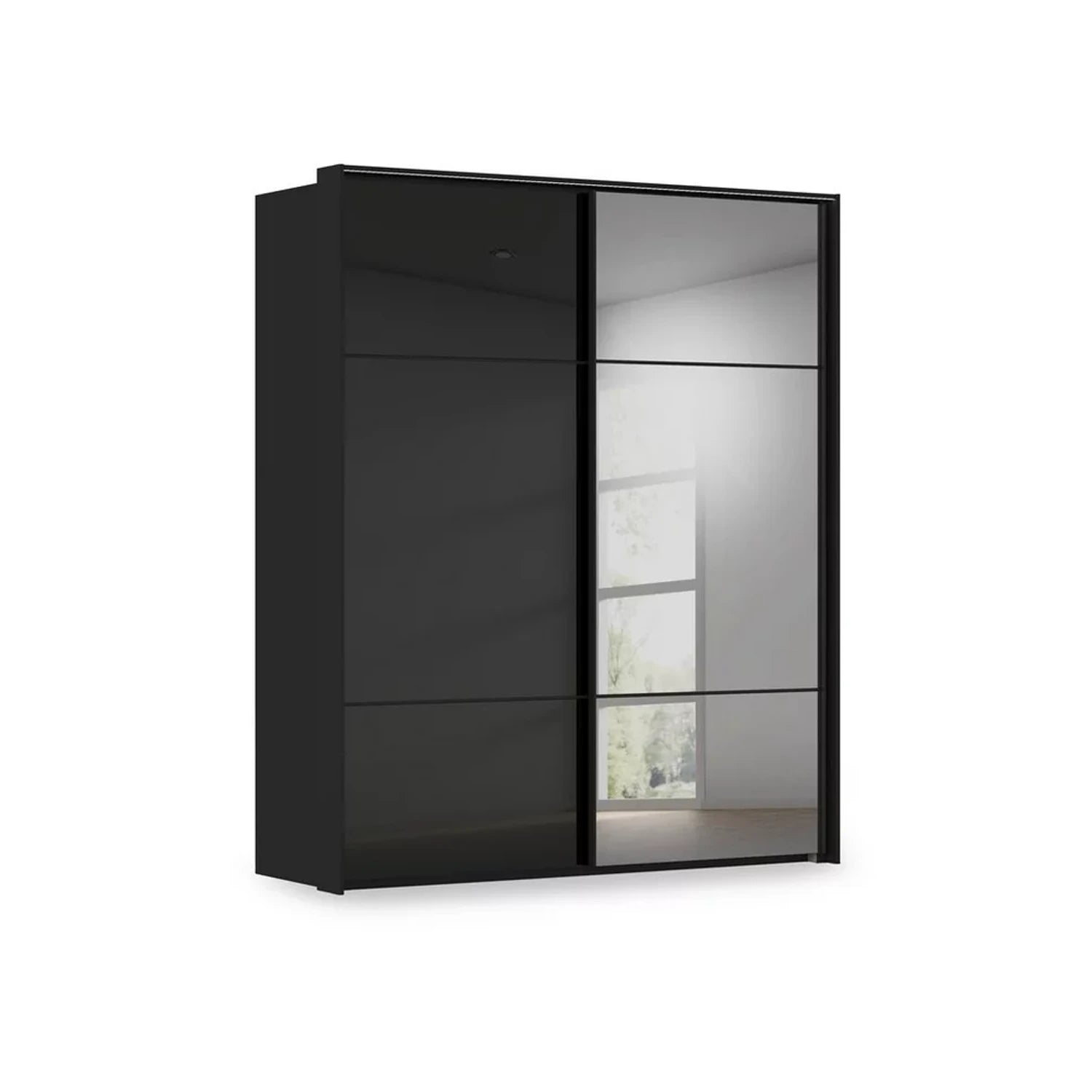 Rauch Heaven 190cm 2 Door Slider Wardrobe with 1 Glass Door, 1 Mirror Door and Lights in Black