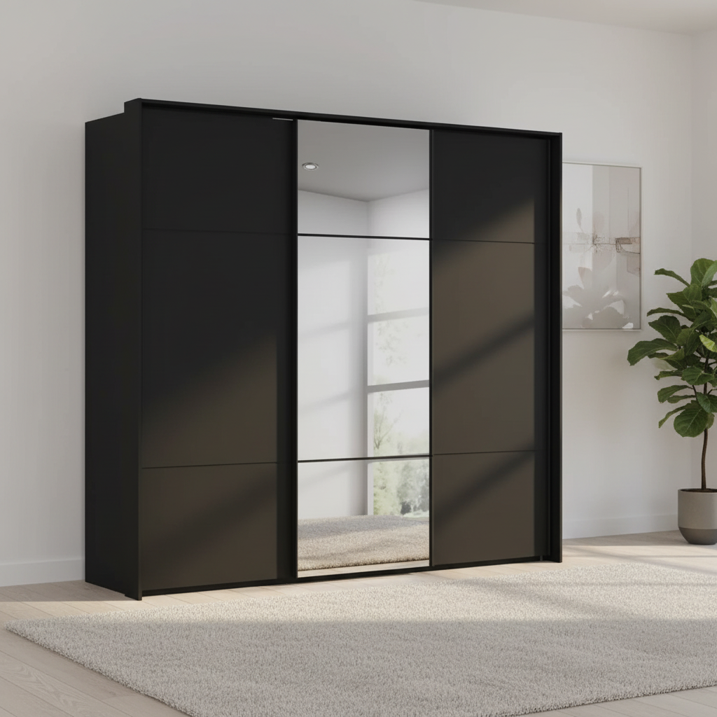 Rauch Heaven 240cm 3 Door Slider Wardrobe with 2 Décor Doors and 1 Mirror Door in Black styled in a modern bedroom