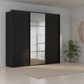 Rauch Heaven 240cm 3 Door Slider Wardrobe with 2 Décor Doors, 1 Mirror Door and Lights in Black styled in a modern bedroom