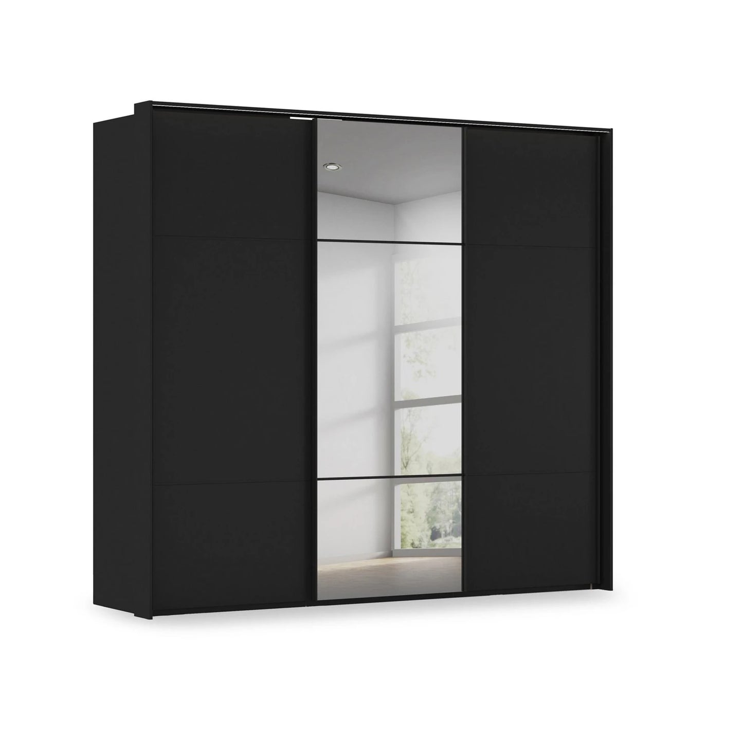 Rauch Haven 3 Door Slider Wardrobe with 2 Décor Doors, 1 Mirror Door and Lights in Black